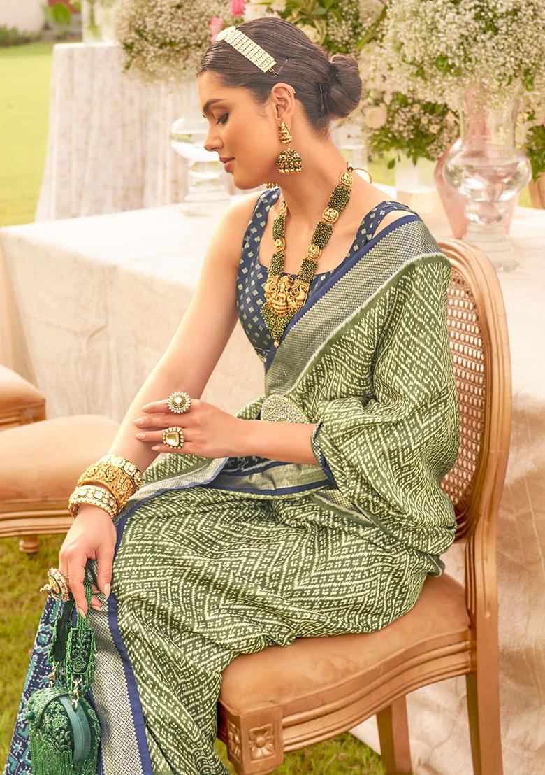Green Printed Georgette Saree Set