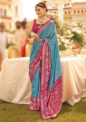 Blue Printed Georgette Saree Set