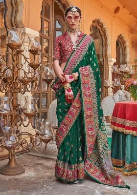 Green Printed Georgette Saree Set