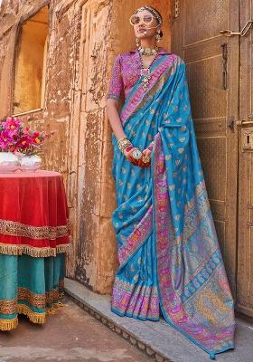 Blue Printed Georgette Saree Set