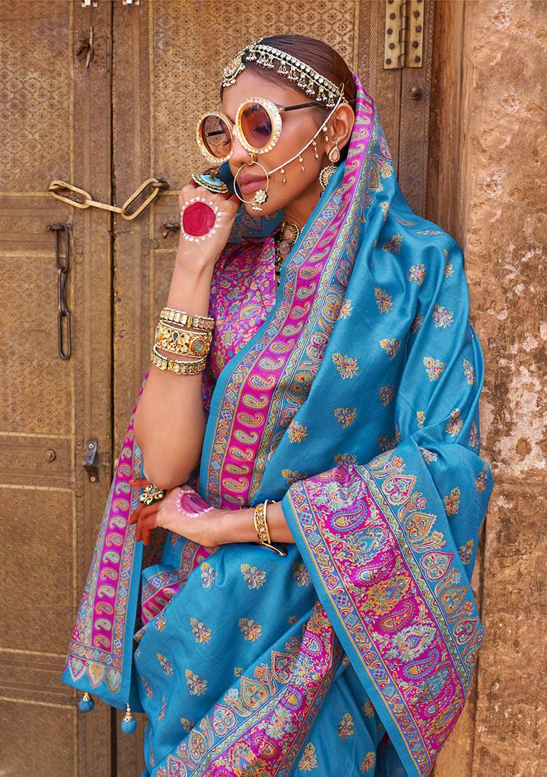 Blue Printed Georgette Saree Set