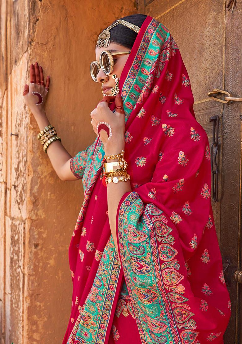 Red Printed Georgette Saree Set