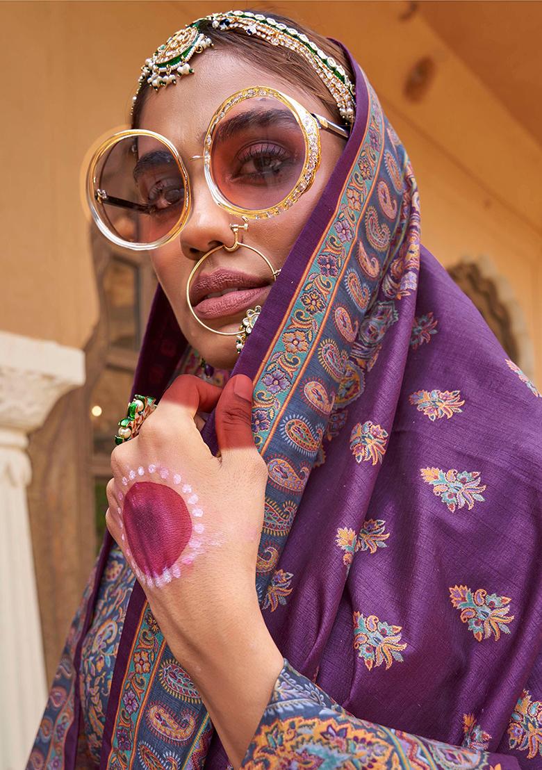 Purple Printed Georgette Saree Set