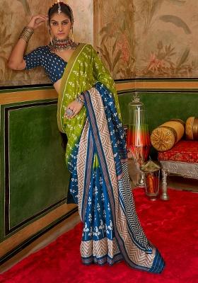 Blue Printed Georgette Saree Set