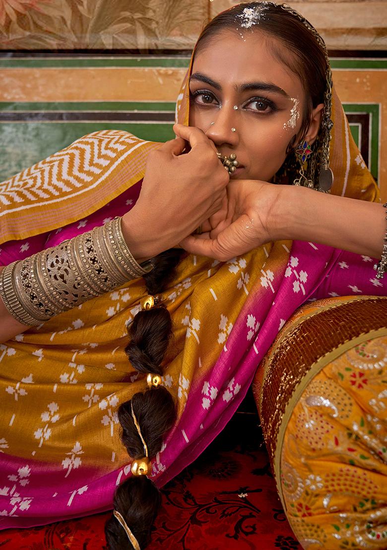 Yellow Printed Georgette Saree Set