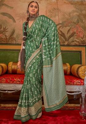 Green Printed Georgette Saree Set