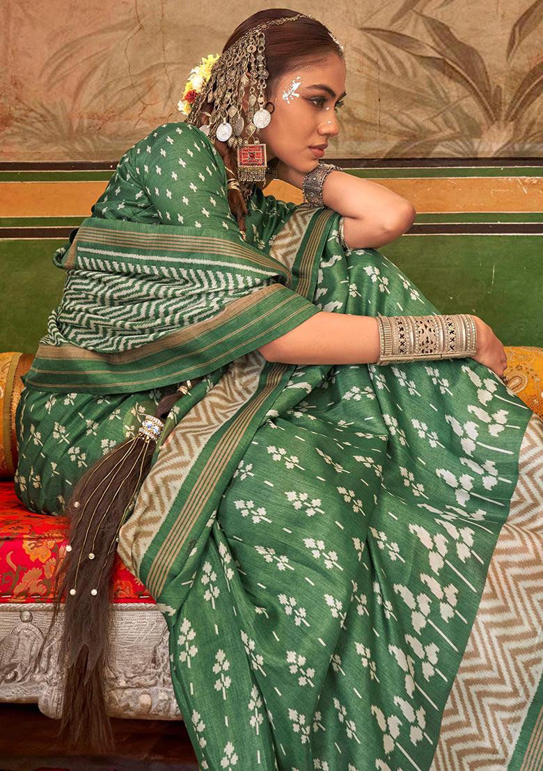 Green Printed Georgette Saree Set