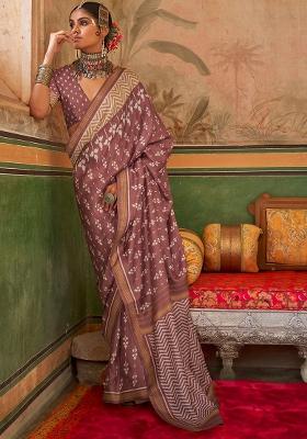 Brown Printed Georgette Saree Set
