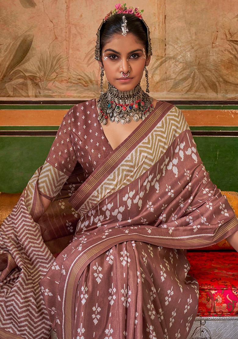 Brown Printed Georgette Saree Set