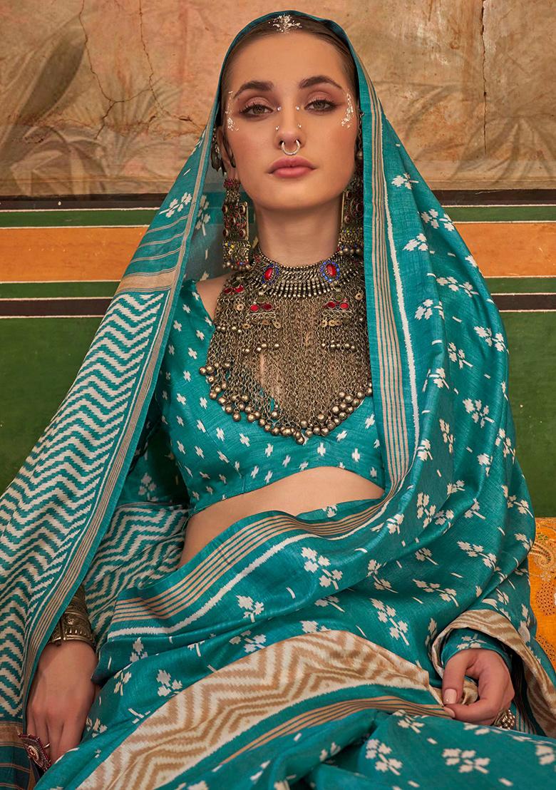 Green Printed Georgette Saree Set