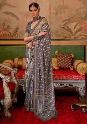 Brown Printed Georgette Saree Set