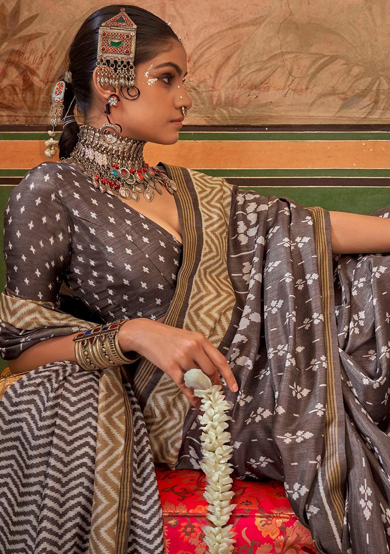 Brown Printed Georgette Saree Set