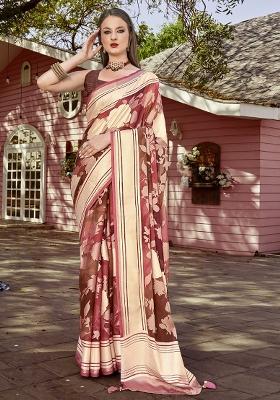 Brown Printed Georgette Saree Set