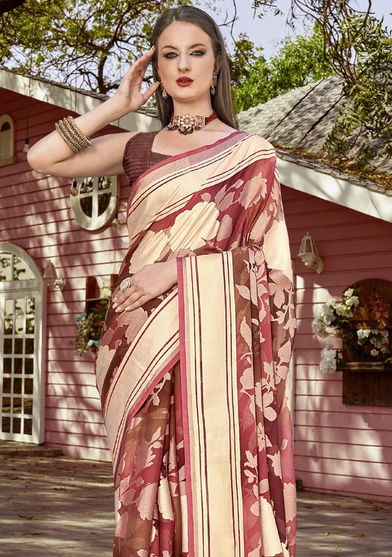 Brown Printed Georgette Saree Set