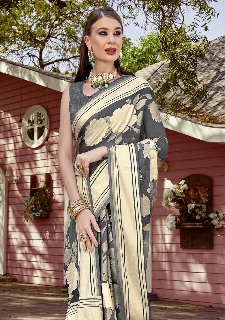 Grey Printed Georgette Saree Set