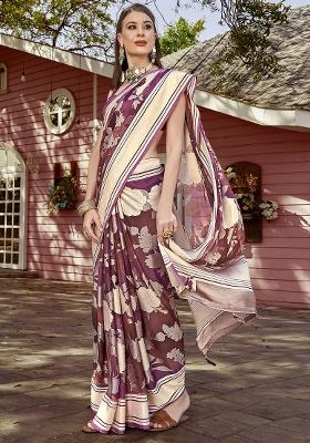 Purple Printed Georgette Saree Set
