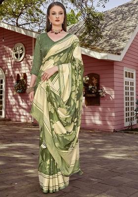 Green Printed Georgette Saree Set