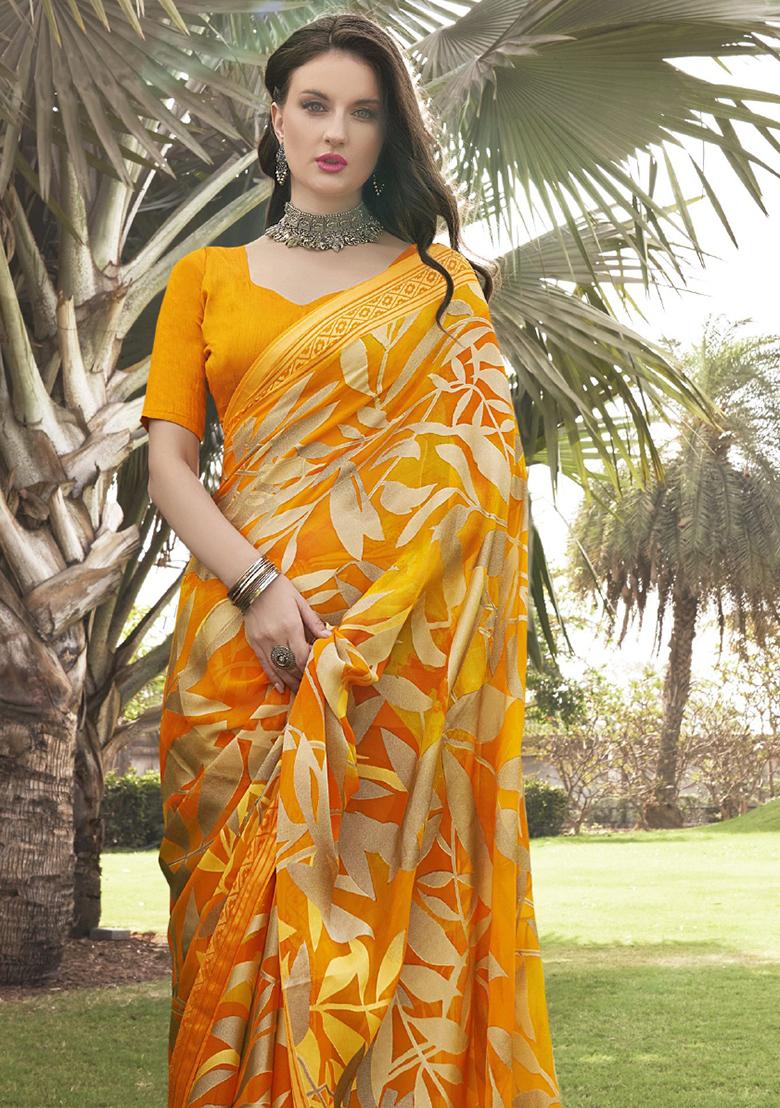 Yellow Printed Georgette Saree Set