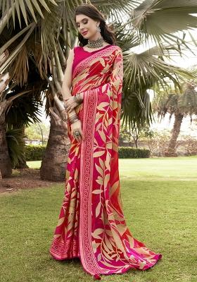 Red Printed Georgette Saree Set