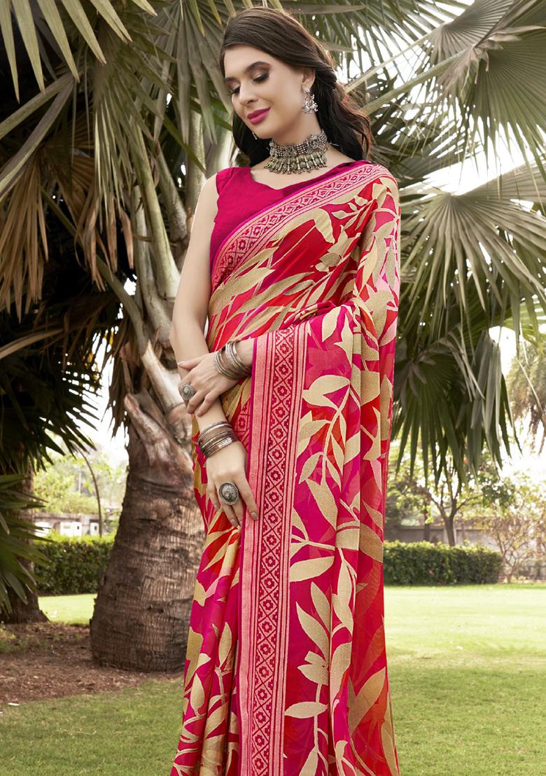 Red Printed Georgette Saree Set