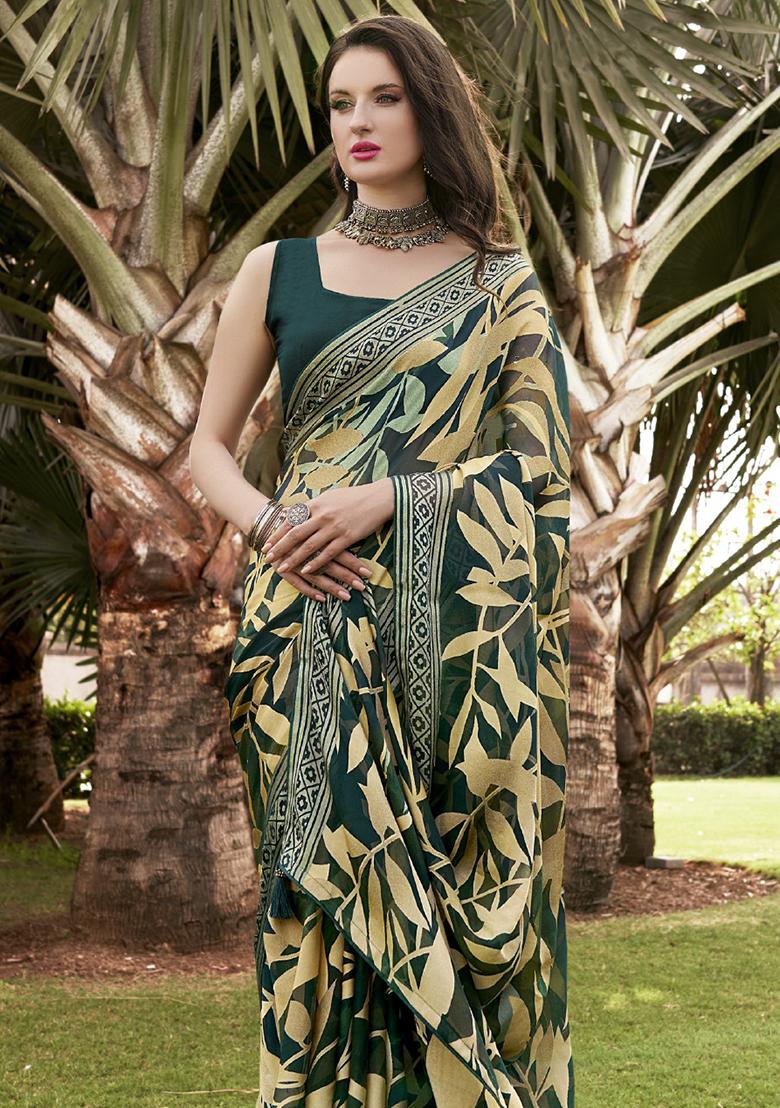 Green Printed Georgette Saree Set