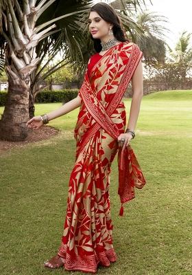 Red Printed Georgette Saree Set
