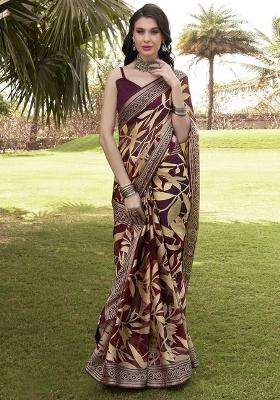 Purple Printed Georgette Saree Set