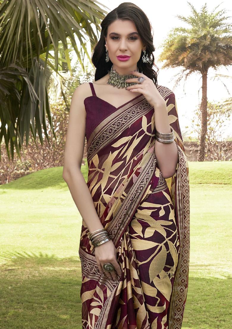Purple Printed Georgette Saree Set