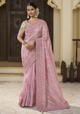 Pink Printed Georgette Saree Set