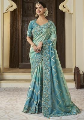 Green Printed Georgette Saree Set