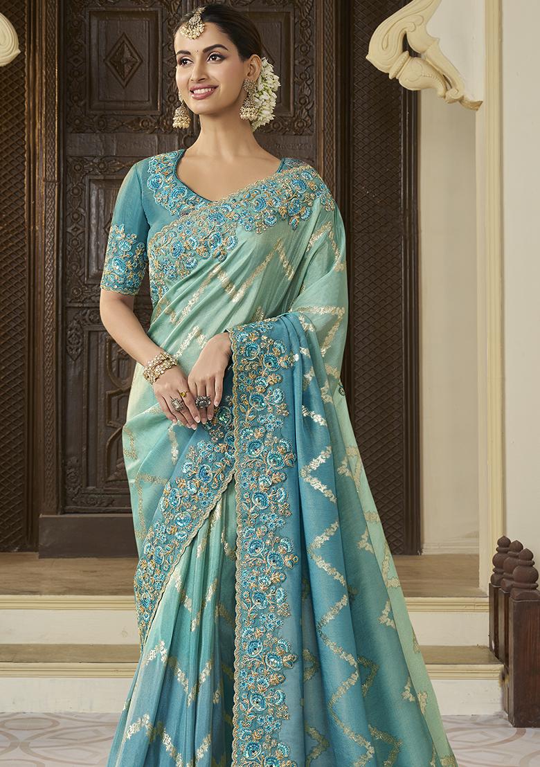 Green Printed Georgette Saree Set