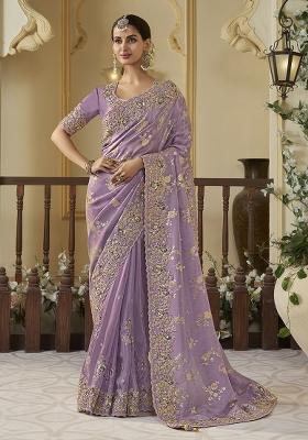 Purple Printed Georgette Saree Set