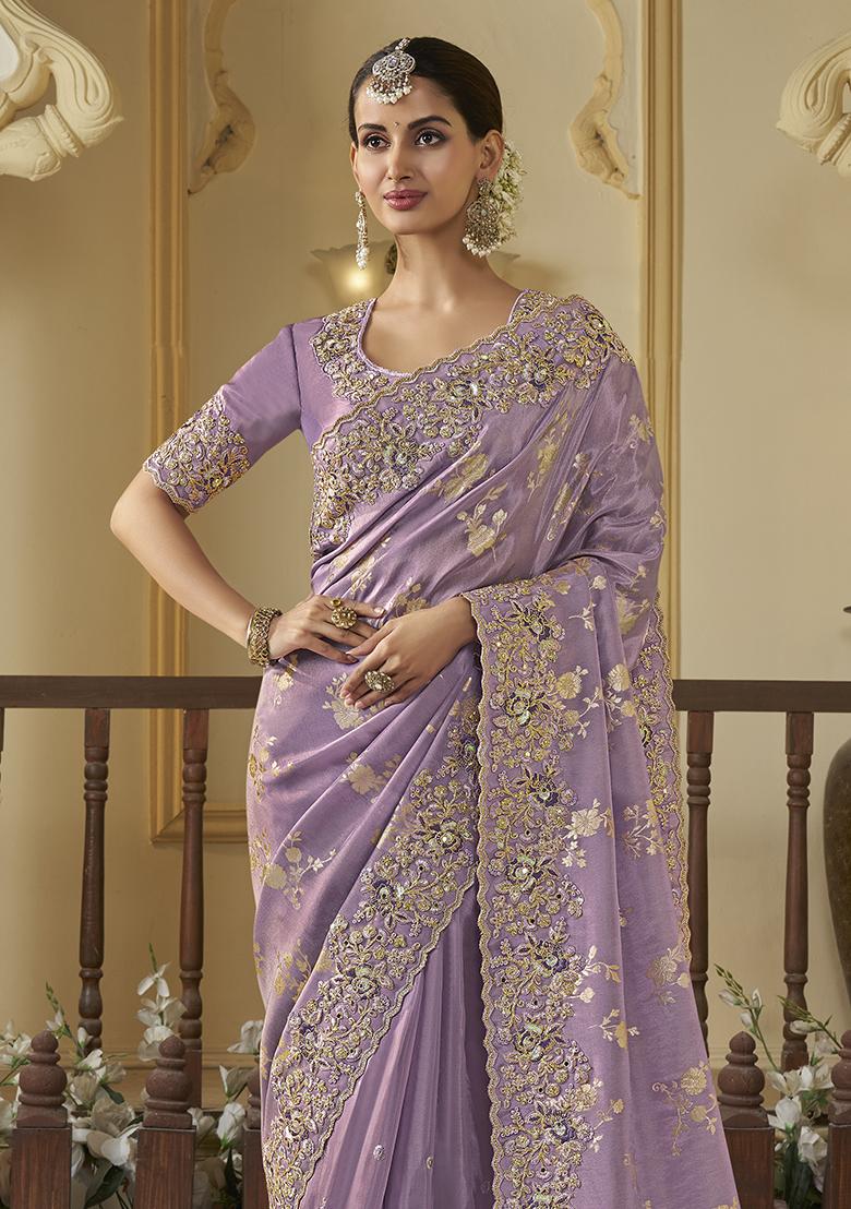 Purple Printed Georgette Saree Set