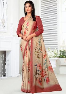 Beige Printed Georgette Saree Set