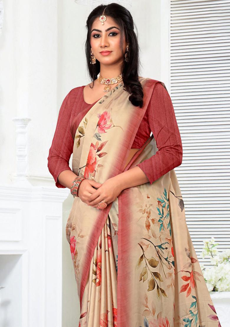 Beige Printed Georgette Saree Set