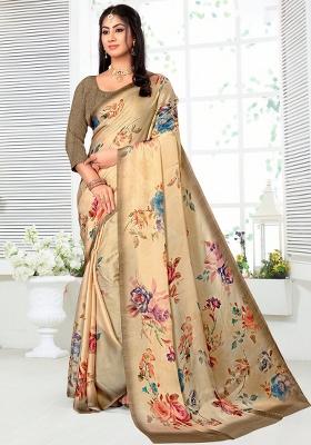 Beige Printed Georgette Saree Set