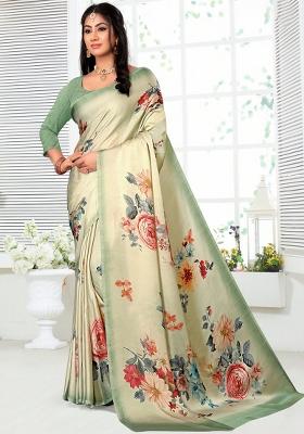 Beige Printed Georgette Saree Set