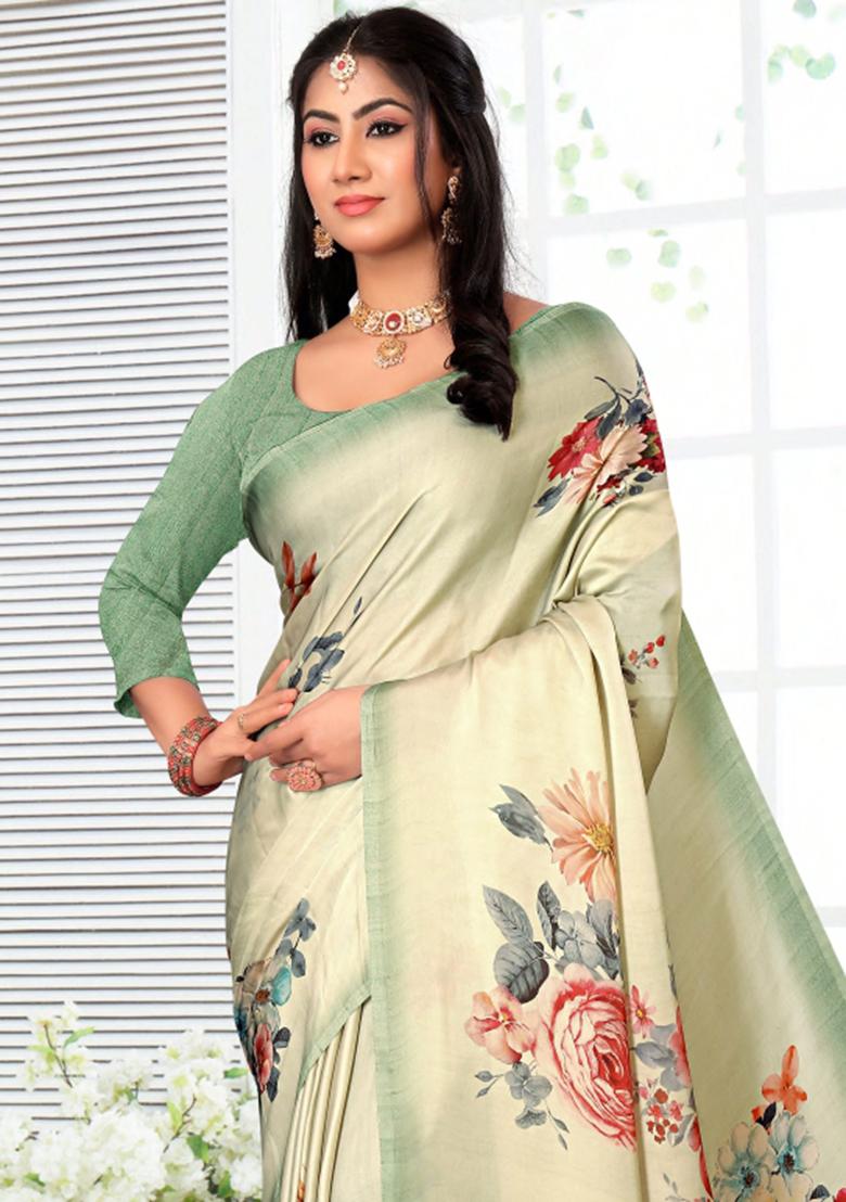 Beige Printed Georgette Saree Set
