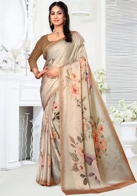 Beige Printed Georgette Saree Set
