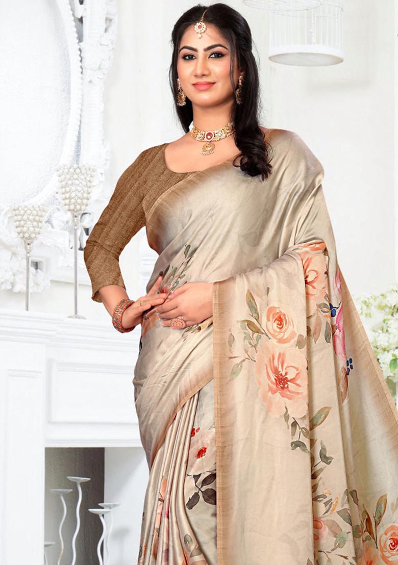 Beige Printed Georgette Saree Set