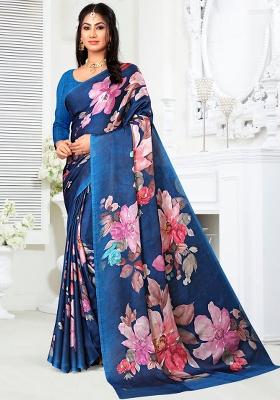 Blue Printed Georgette Saree Set