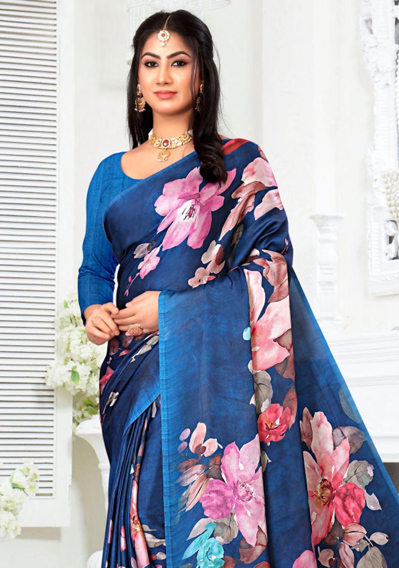 Blue Printed Georgette Saree Set