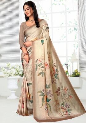 Brown Printed Georgette Saree Set