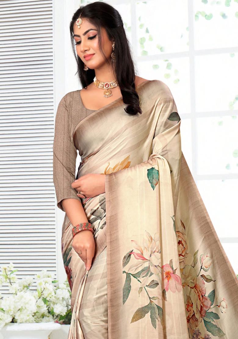 Brown Printed Georgette Saree Set
