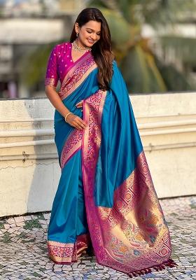 Teal Blue Woven Silk Saree Set