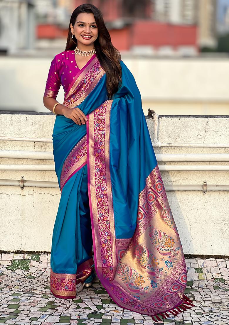 Teal Blue Woven Silk Saree Set