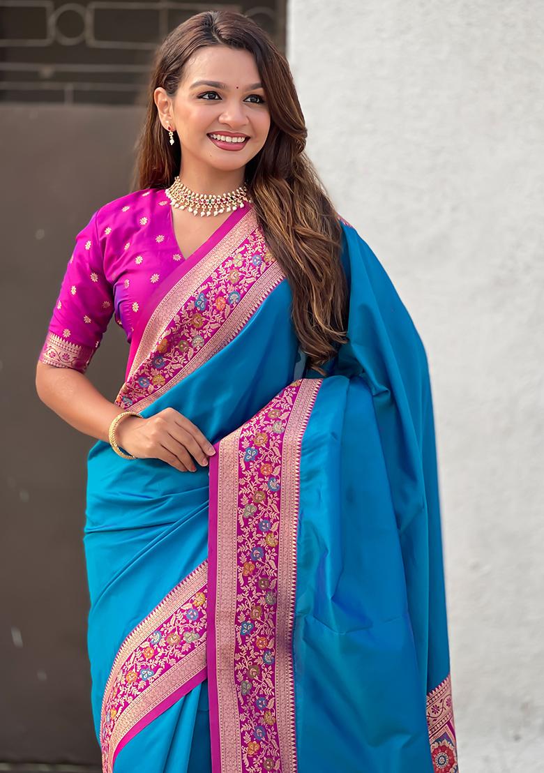 Teal Blue Woven Silk Saree Set