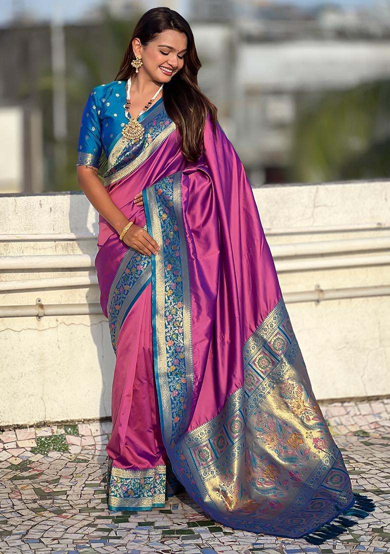 Purple Woven Silk Saree Set