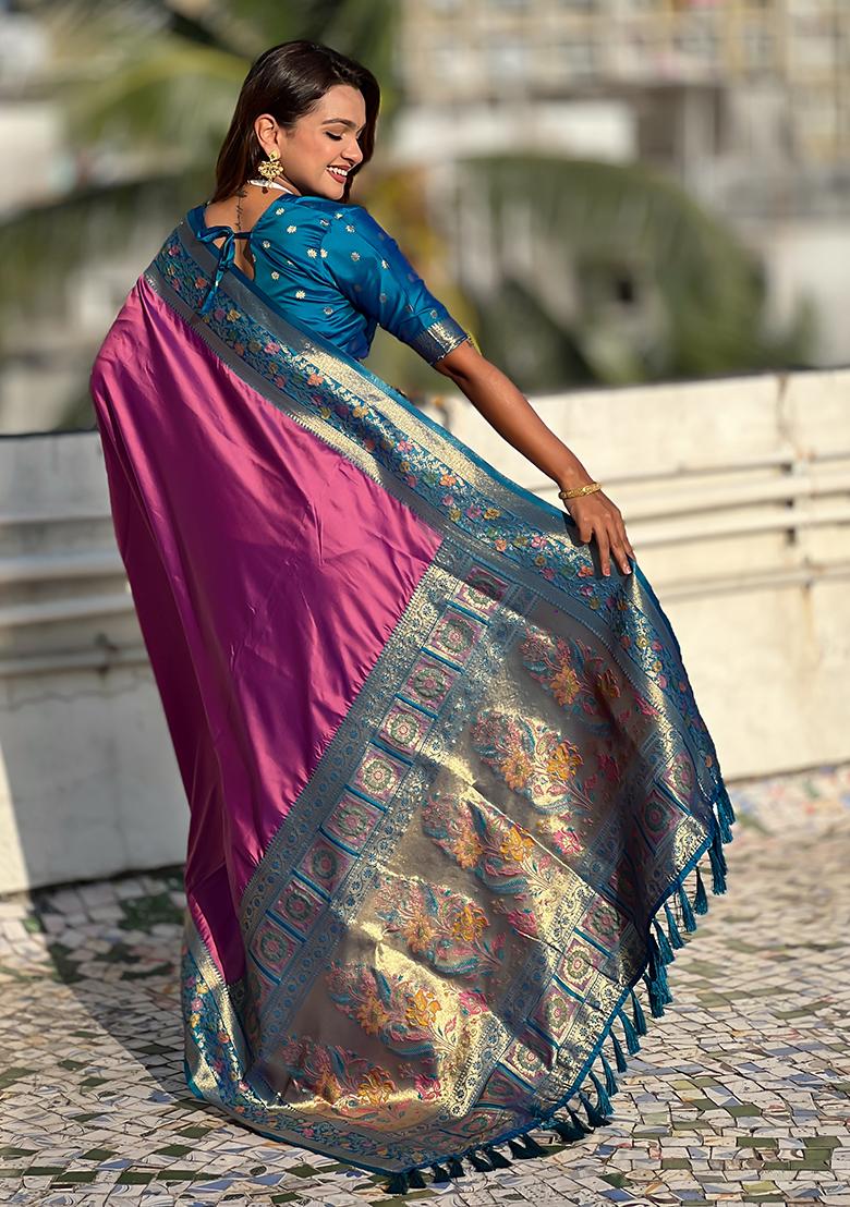 Purple Woven Silk Saree Set