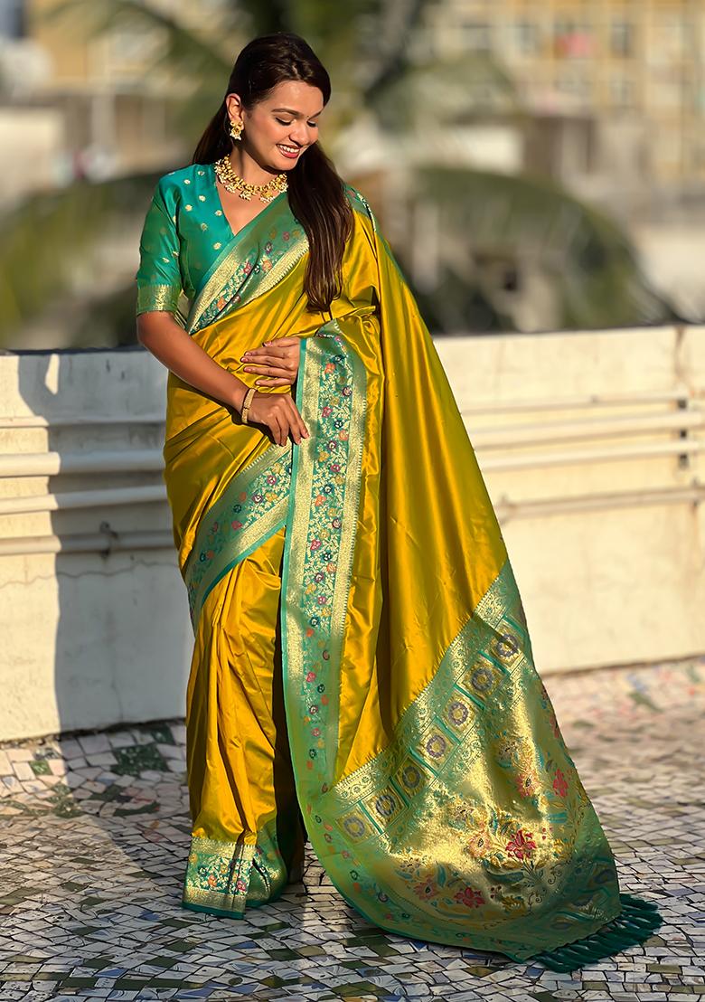 Green Woven Silk Saree Set
